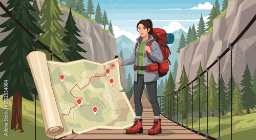 Female hiker planning her route on a suspension bridge amidst mountainous terrain