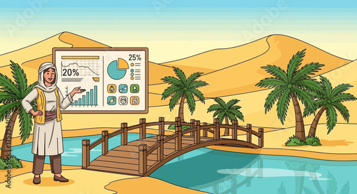 Desert business presentation with traditional attire near oasis and bridge