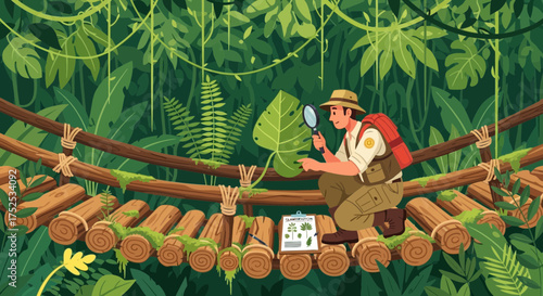 Botanist exploring diverse flora in tropical rainforest, wooden bridge research