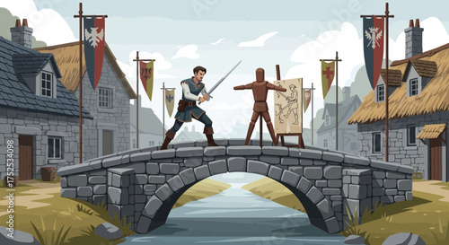 Cartoon illustration of a medieval town bridge with a duel simulation scene