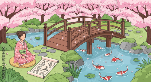 A serene illustration of a woman meditating in a Japanese garden with koi pond and bridge