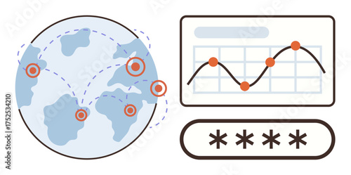 World map with connected points, data graph reflecting trends, and password entry. Ideal for networking, cybersecurity, data analysis, global communication, technology, business strategy simple flat