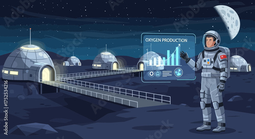 Lunar Base Oxygen Production with Astronaut Analyzing Data Near Habitat Domes