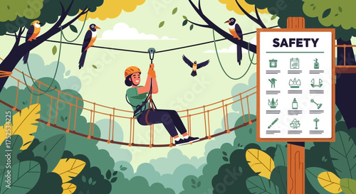 Adventurous girl on a zip line enjoying nature while observing safety precautions
