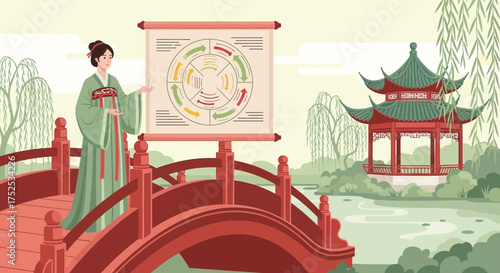 Chinese diagram presentation with traditional architecture in a scenic landscape
