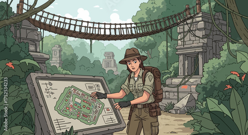 Adventurer navigates an ancient jungle city, deciphering a detailed map for exploration