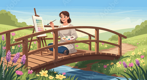 Serene artist painting on a quaint bridge amidst nature's tranquil beauty