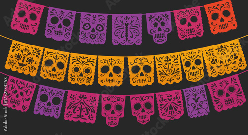 Three rows of colorful Día de Muertos papel picado banners against a dark background