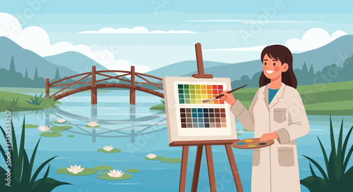 A serene landscape painting scene with an artist creating art by the water