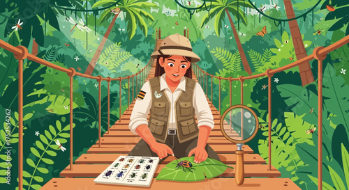 Jungle explorer meticulously examining an insect on a rope bridge canopy tour