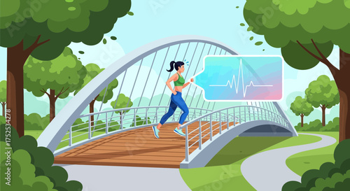 Woman running on a bridge with a health monitor in a park setting illustration