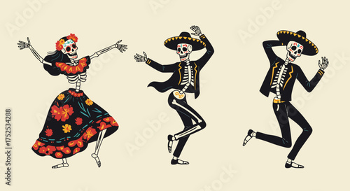 Three skeletons dressed in festive attire dancing against a plain background