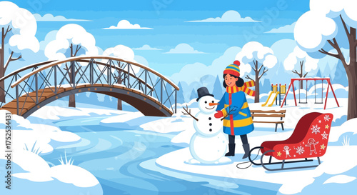 Joyful winter scene with girl building snowman near bridge and playground