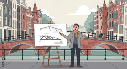 Architect presenting bridge design in Amsterdam with canal and urban landscape