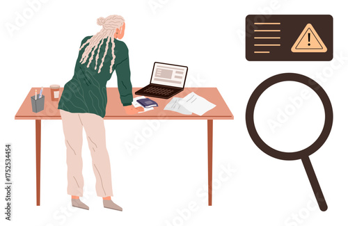 Woman leaning over desk, examining laptop and documents. Includes warning graphic and large magnifying glass. Ideal for analysis, research, investigation, data review, caution, problem solving