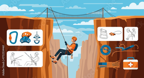 Illustration of a mountaineer rappelling between cliffs under a suspended bridge