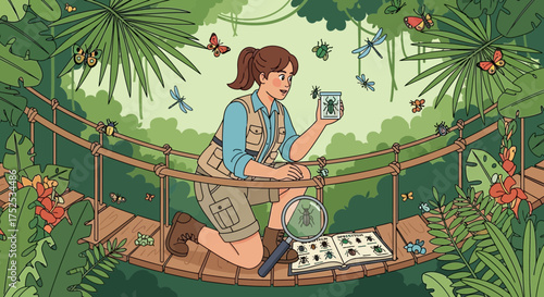 Entomologist Studying Beetles and Insects in a Jungle Environment on a Suspension Bridge