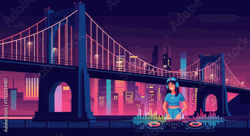 Urban Beats: Nighttime DJ Set Against Futuristic Cityscape and Iconic Bridge