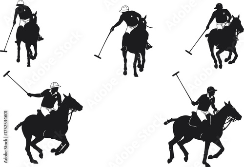 Polo players silhouette action, horseback riding with mallets, equestrian sports match, athletic movement illustration, dynamic horse motion, competitive teamwork, fast-paced game study