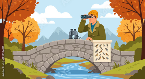 Observing avian species: A birdwatcher's autumnal excursion on a stone bridge