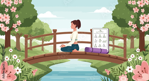 Serene Woman Practicing Yoga on a Quaint Bridge in a Blooming Spring Landscape