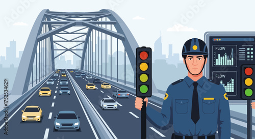 Traffic management with officer on bridge with automated system for efficiency