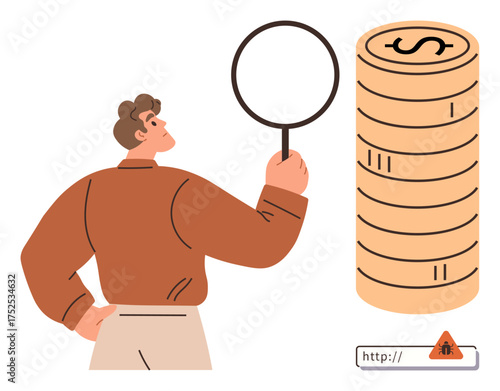 Male figure examining a tall stack of coins closely with a magnifying glass. Ideal for finance, investigation, audit, wealth management, business analysis, financial scams, risk evaluation. Simple