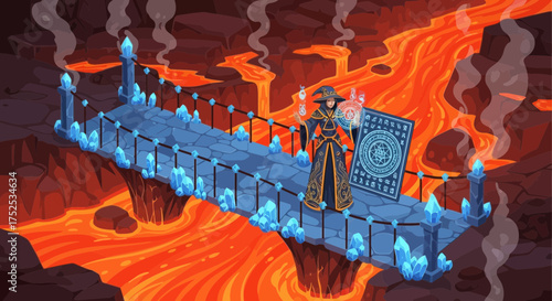 A wizard standing on a crystal bridge over lava with a magic card in hand