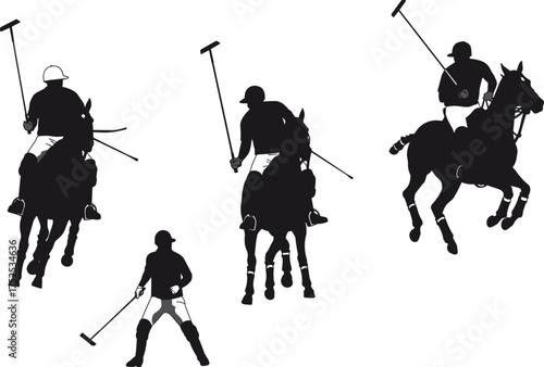 Polo players silhouette action, horseback riding with mallets, equestrian sports match, athletic movement illustration, dynamic horse motion, competitive game, teamwork strategy study