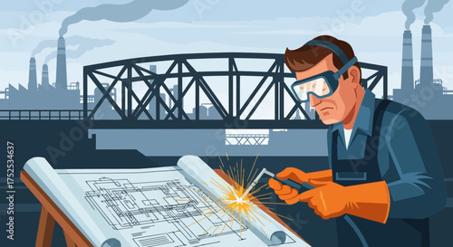 Construction worker welding using blueprint with industrial backdrop illustration