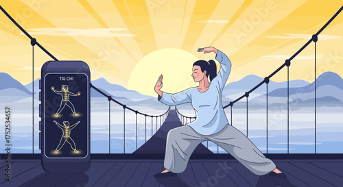 A woman practices Tai Chi by a bridge as guided by a smartwatch app at sunrise