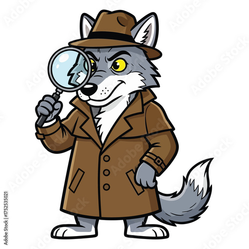 A clever animated grey wolf character dressed as a mystery-solving detective, meticulously examining clues with a large magnifying glass, embodying investigation and inquiry