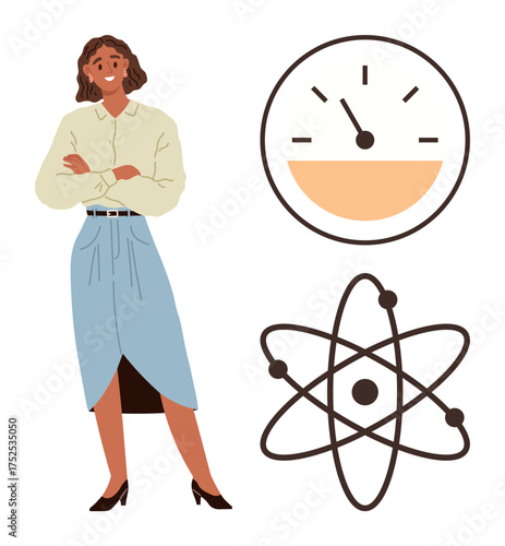 Woman in professional attire beside an analog gauge and atomic model. Ideal for science, technology, energy, innovation, learning, research, progress. A simple flat metaphor