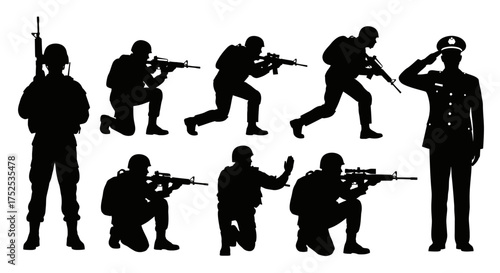 Soldier silhouettes set isolated on white background vector illustration