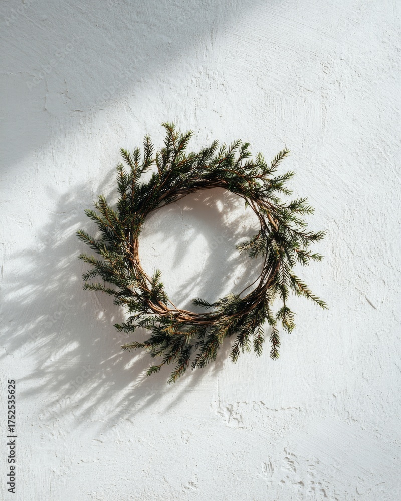 Fototapeta premium Minimalist Christmas wreath with frosted leaves on white wall, editorial holiday decor photo highlighting elegance, purity, and the calm aesthetic of winter interior design culture
