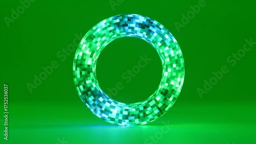 Abstract Holographic Ring of Pixels in Neon Green and Blue on a Green Background