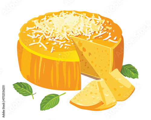 A savory orange cheese wheel generously topped with grated parmesan, with a large, tempting slice cut from the side - Vector Illustration