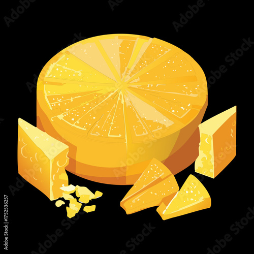 Golden-yellow hard cheese wheel with several cut wedges and small cubes, ideal for snacking or as a recipe ingredient - Vector Illustration