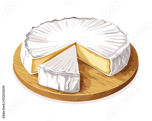 Classic wheel of creamy camembert cheese resting on a rustic wooden board with a perfectly cut slice ready to be served - Vector Illustration