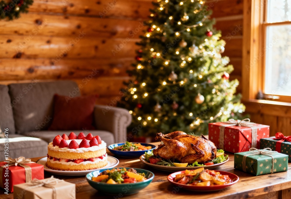 Naklejka premium 美しく輝くクリスマスツリーと苺のケーキと色とりどりの料理