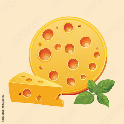 A big cartoon-style wheel of swiss cheese with large holes, accompanied by perfectly cut slices and fresh basil leaves - Vector Illustration