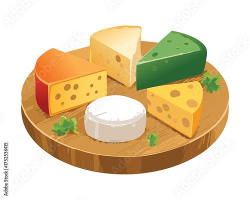 A circular wooden platter showcasing a wonderful and diverse selection of international cheeses ready for a wine tasting party - Vector Illustration
