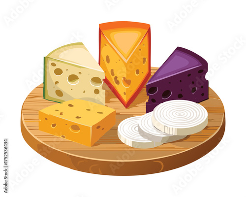 An elegant display of assorted gourmet cheeses on a platter including a purple rind, brie, and holed swiss cheese - Vector Illustration