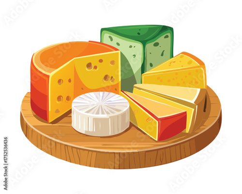 A beautiful wooden serving board displaying a variety of delicious cheeses like camembert, gouda, and a green pesto cheese - Vector Illustration