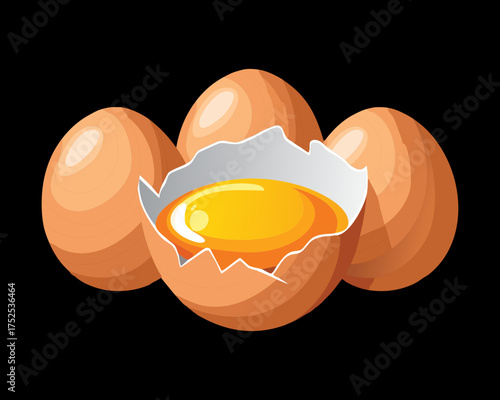 Several whole brown shell eggs sit beside one that is carefully cracked open to display its fresh, bright yolk - Vector Illustration