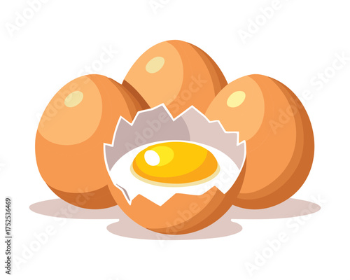 A collection of whole brown chicken eggs with one perfectly cracked open to reveal a vibrant golden yellow yolk - Vector Illustration