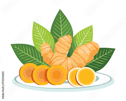 Golden turmeric rhizomes, whole and sliced, next to lemon slices and green mint leaves, representing detox and healthy natural ingredients - Vector Illustration