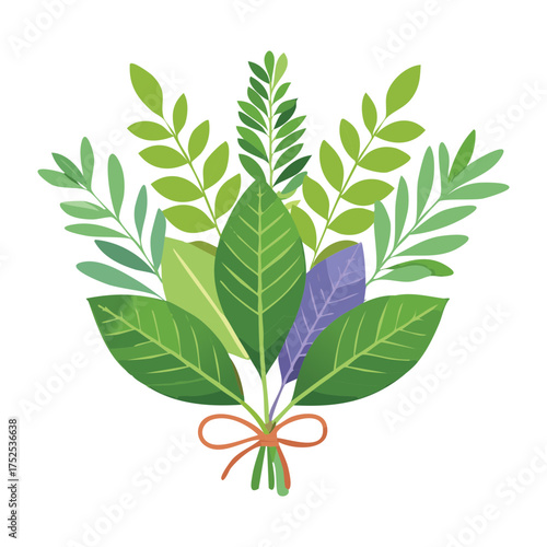 Aromatic bouquet of fresh herbs, including lavender and rosemary, tied with twine, perfect for seasoning meat, poultry, or used for aromatherapy - Vector Illustration
