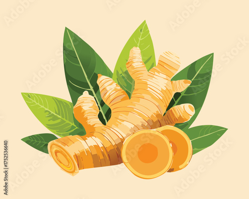 Freshly sliced and whole pieces of turmeric root, a vibrant yellow spice known for its anti-inflammatory properties and use in Indian curries - Vector Illustration