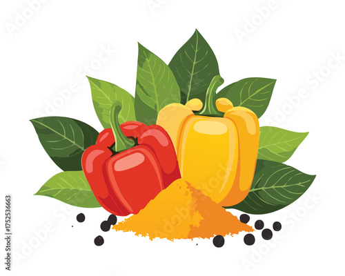 Group of fresh vegetables and herbs, including red and yellow bell peppers, garlic, and bright green bay leaves, essential for many international cuisines - Vector Illustration